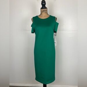 Calvin Klein Women's Scuba Cold Shoulder Sheath Dress Size 10 Green Stretch NWT